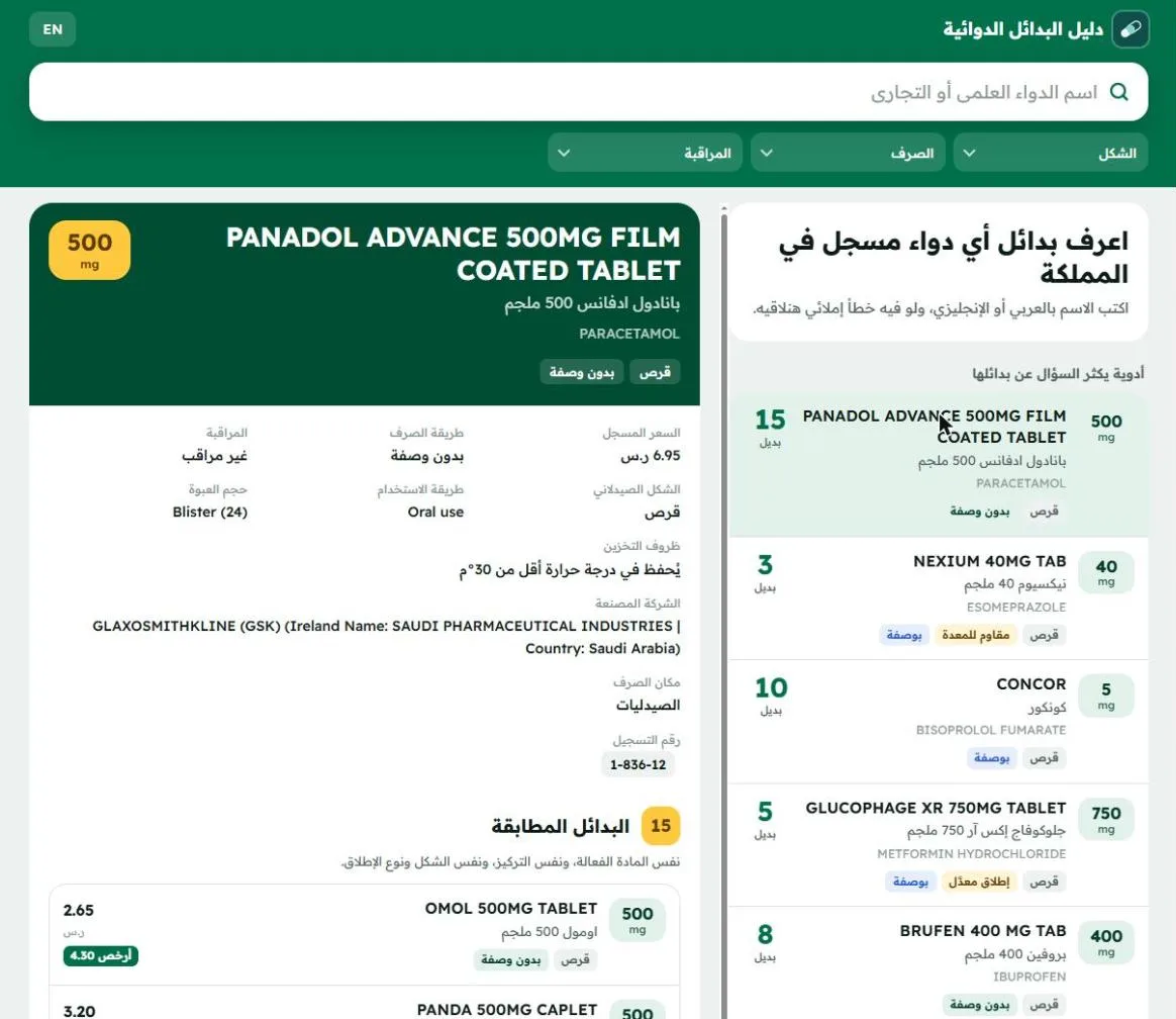صفحة بانادول أدفانس في الدليل: بياناته المسجّلة و15 بديل مطابق